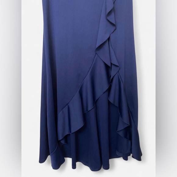 Navy Blue Sleeveless High Neck Ruffled Evening Gown - Picture 6 of 7
